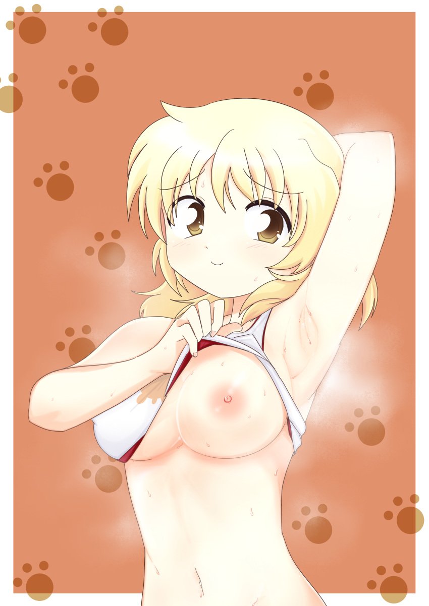 arm_behind_head arm_up armpits blonde_female blonde_hair blush breasts brown_eyes dard_drak female female_only hidamari_sketch lifted_by_self long_hair looking_at_viewer miyako nipples one_breast_out smile solo sports_bra steam steaming_body sweat