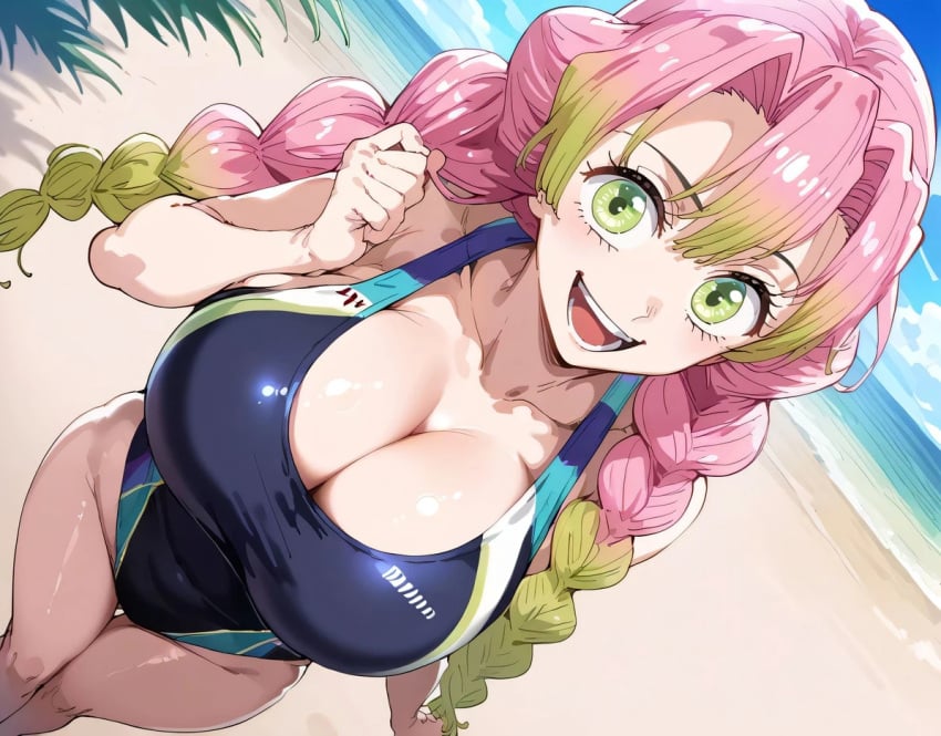 ai_generated bare_thighs beach braided_ponytail demon_slayer gigantic_breasts green_eyes huge_breasts huge_thighs kanroji_mitsuri kimetsu_no_yaiba light-skinned_female light_skin looking_at_viewer massive_breasts multicolored_hair one-piece_swimsuit pink_hair smiling solo_female squatting sweat sweatdrop thick_body thick_female thick_thighs thighs voluptuous voluptuous_female zenzen