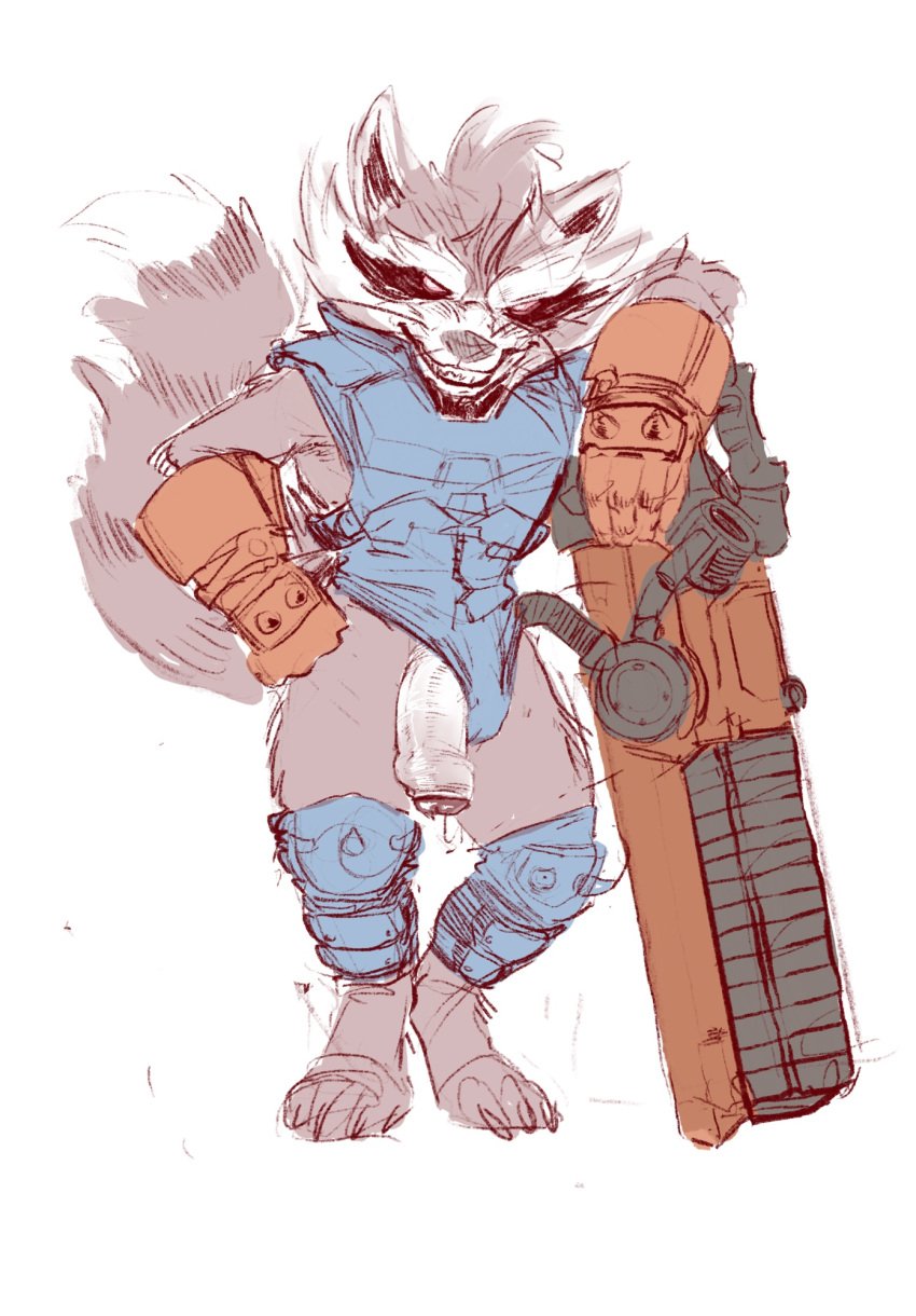 anthro_male banana_da_boi digital_drawing_(artwork) digital_media_(artwork) foreskin fur genitals guardians_of_the_galaxy gun hi_res male mammal marvel penis procyonid raccoon ranged_weapon rocket_raccoon simple_background solo weapon white_background