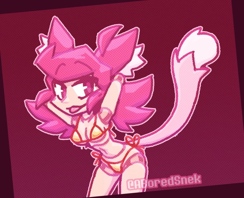 1girls aboredsnek arms_behind_head breasts cat_ears cat_girl cat_tail doll doll_joints eyes_half_open female female_only golden_bikini mad_mew_mew mew_mew_(undertale) mew_mew_kissy_cutie pink_hair pink_skin robot robot_girl small_breasts tongue_out undertale undertale_(series)