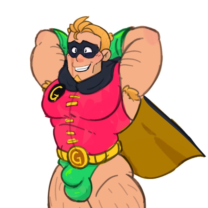 1boy arm_hair armpit_hair arms_behind_head balls_under_clothes bara bare_arms bare_legs blonde_hair body_hair brawl_stars bulge cape cosplay covered_eyes dc gay gloves grom_(brawl_stars) hair hairy_legs half-dressed helmet human leg_hair mask robin_(dc)_(cosplay) scar scar_across_eye scar_on_face short_hair simple_background smile solo solo_focus solo_male supercell superhero_costume superheroine thighs uncensored white_background