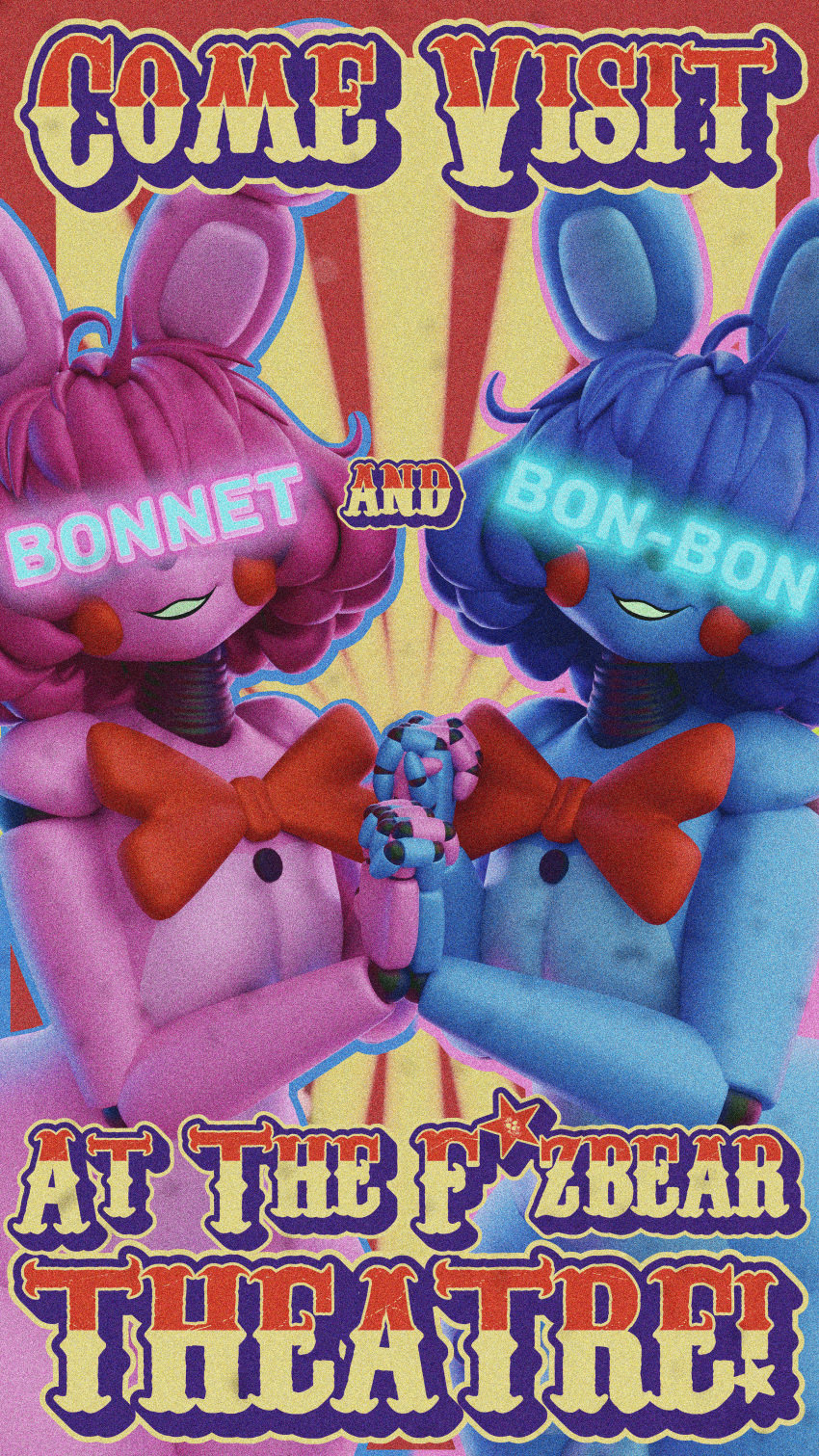 3d absurd_res advertisement alternate_version_at_source animatronic_female animatronic_male blender blue_skin bonbon_(fnaf) bonnet_(fnafsl) duo_focus five_nights_at_freddy's five_nights_at_freddy's:_sister_location jordevoir male_and_female_subs mishuyuu naked obscured_eyes pink_skin puppet_bonnie_(fnafsl) rabbit teasing