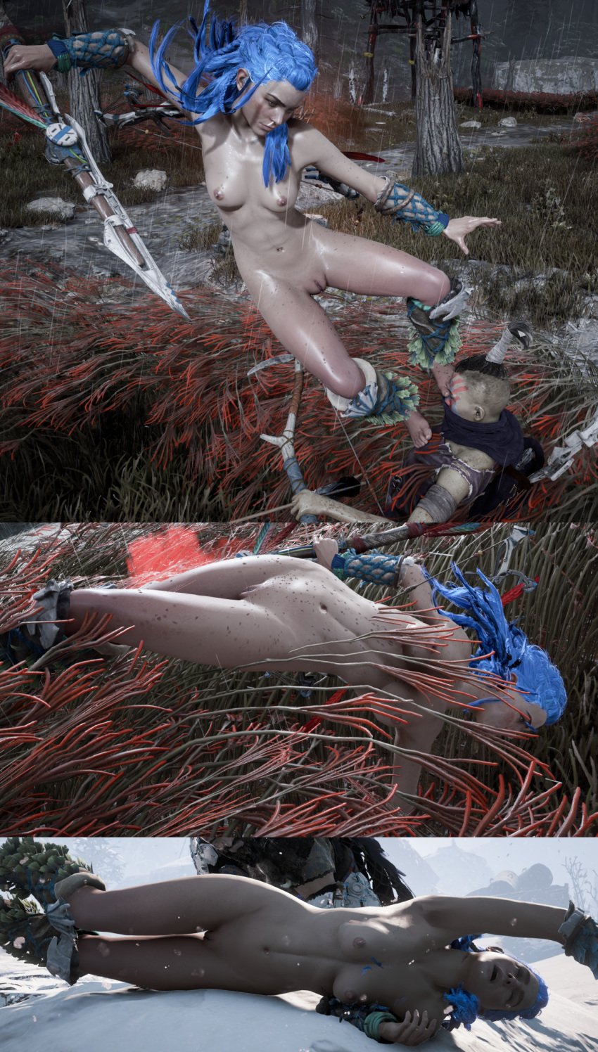 aloy aloy_(horizon) blue_hair breast breasts chris_hopers game_mod game_screenshot horizon_zero_dawn not_ai_generated nude_mod pussy screenshot vagina