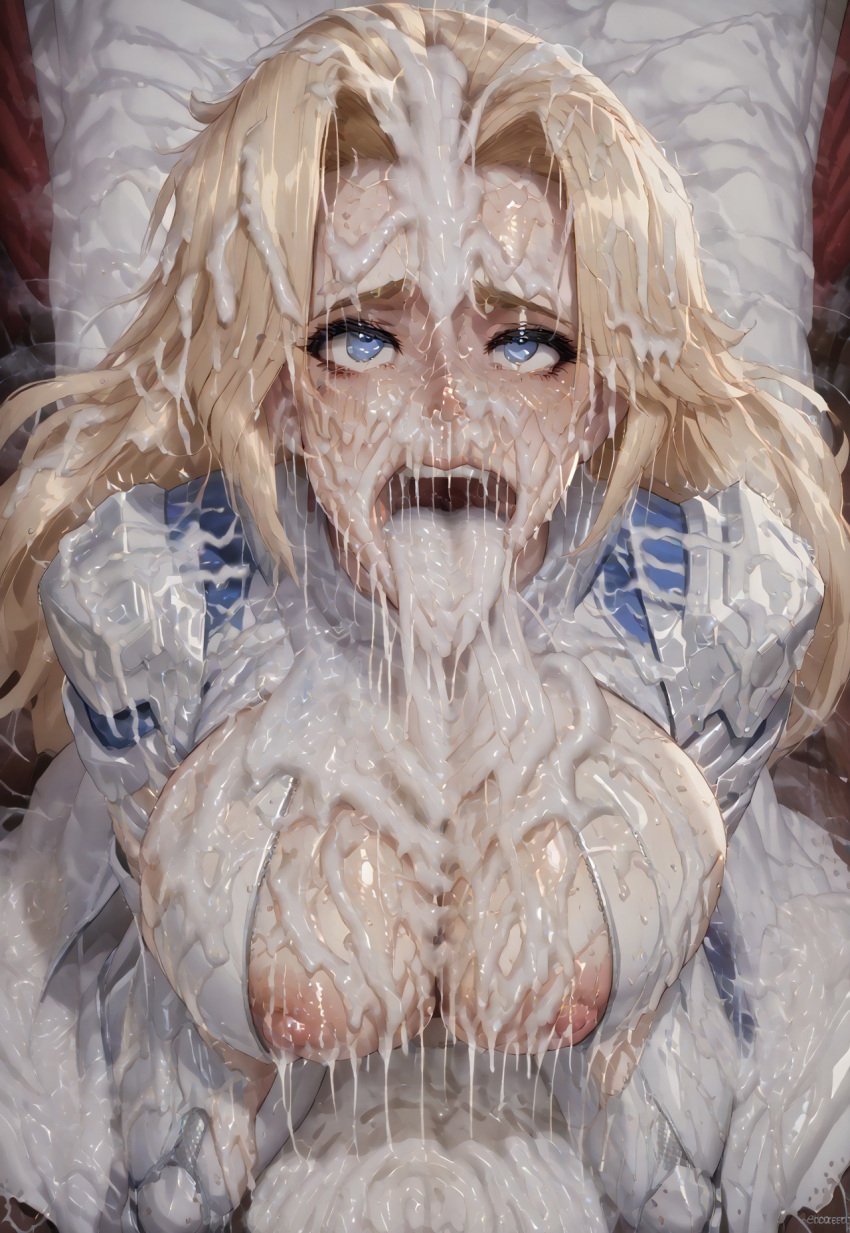 1girls ai_generated blonde_female blonde_hair blue_eyes bukkake cum cum_drip cum_everywhere cum_in_mouth cum_on_body cum_on_breasts cum_on_face cum_on_tongue dagger_(marvel) dagger_(marvel_rivals) excessive_cum female female_only healslut marvel marvel_rivals open_mouth tongue