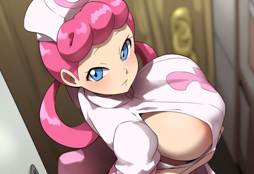 1girls ai_generated alternate_costume big_breasts breasts_bigger_than_head female huge_breasts large_breasts mullon novelai nurse nurse_cap nurse_joy nurse_uniform pink_hair pokemon sideboob top_heavy