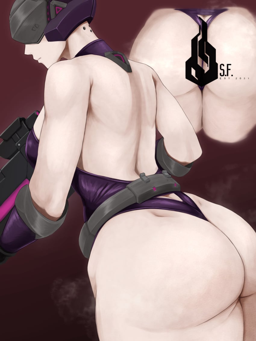 android ass ass_focus backless_leotard bare_shoulders expressionless female girls'_frontline gloves gun helmet highres huge_ass plump rob_110101101 sangvis_ferri solo steaming_body vespid_(girls'_frontline) weapon