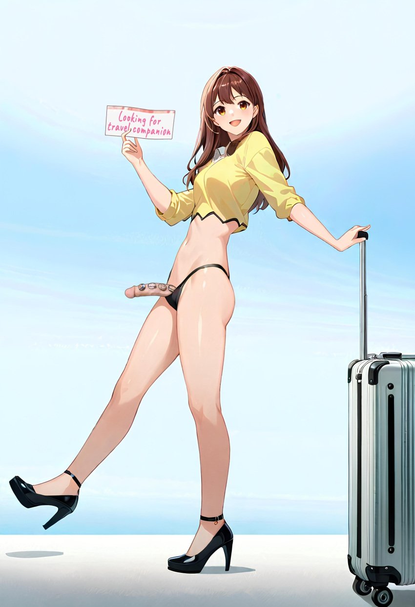 anime anime_girl anime_style animegirl brown_eyes brown_hair crop_top dickgirl dickgirl_only fit_futanari futa_focus futa_only futanari heels inviting_to_sex legs medium_breasts medium_penis petite petite_body smile smiling smiling_at_viewer thighs