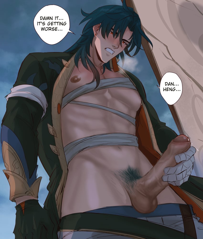 1boy abs balls bandage big_penis blade_(honkai:_star_rail) blue_hair english english_text foreskin honkai:_star_rail male_only muscular muscular_male penis pubic_hair solo_male sombre_slahc unbuttoned unbuttoned_shirt