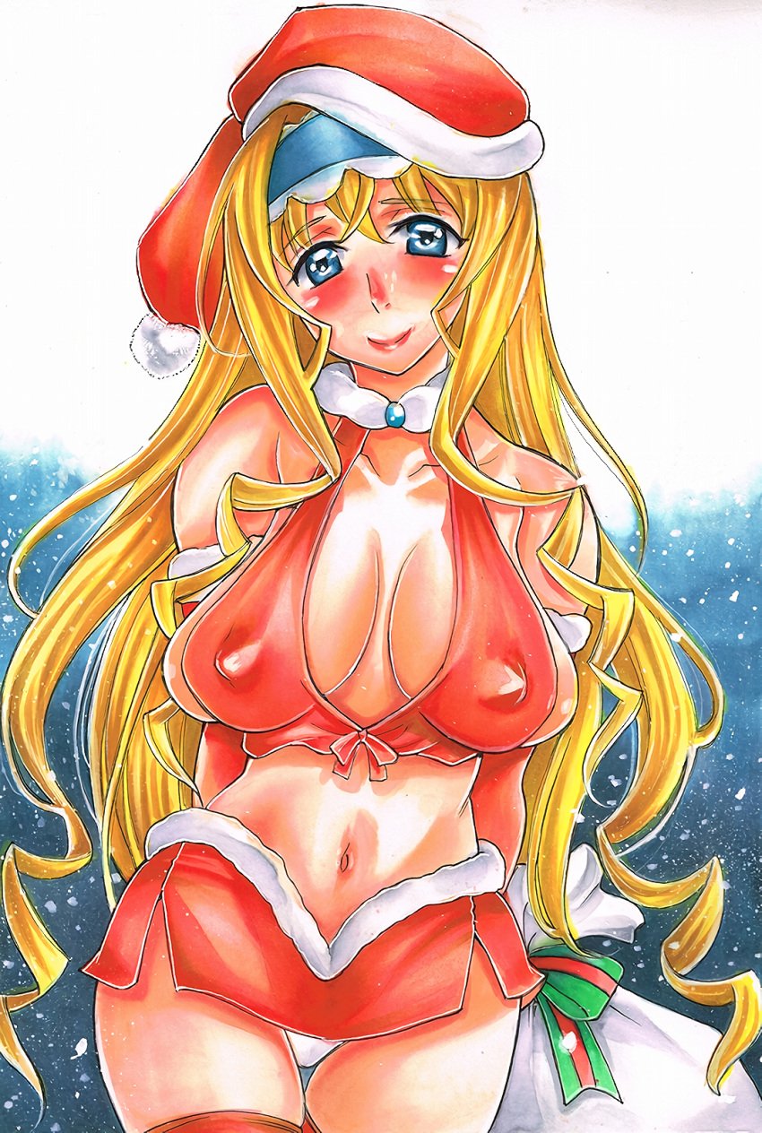 1girls big_breasts blonde_hair blue_eyes blush breasts busty cecilia_alcott christmas cleavage covered_erect_nipples curvy drill_hair female female_only front-tie_top hairband hat highres infinite_stratos large_breasts legs long_hair looking_at_viewer midriff navel panties pantyshot pink_lips pose posing santa_costume santa_hat sensual sideboob skirt smile snowing solo tank_top thick_thighs thighs traditional_media traditional_media_(artwork) underwear very_long_hair