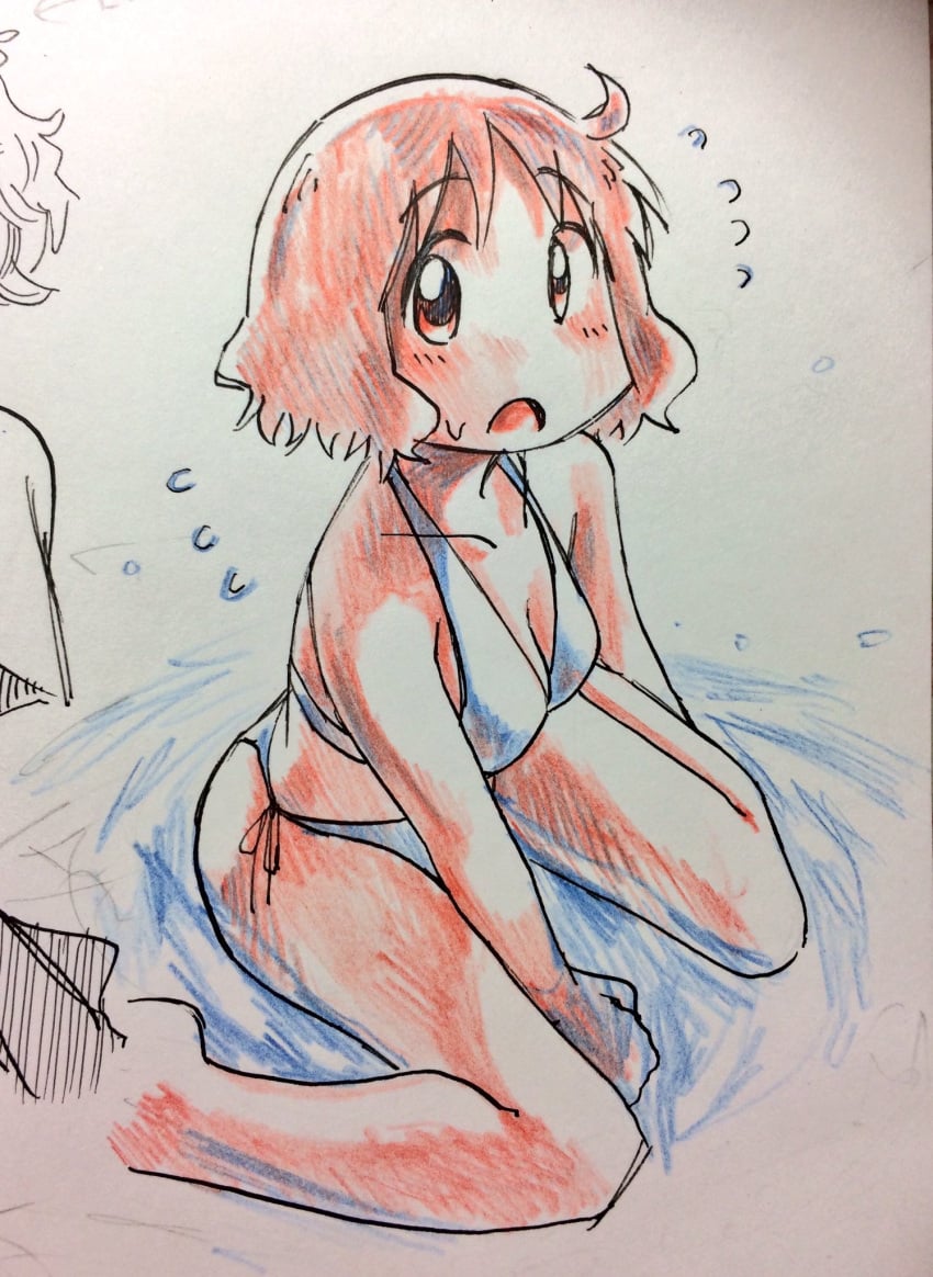 1girls bare_arms bare_legs bare_shoulders bare_thighs barefoot bathing_suit bikini bikini_bottom bikini_top blue_bikini blue_swimsuit brown_hair cleavage colored_pencil_(artwork) colored_sketch down_angle female female_focus female_only legs light_brown_hair nichijou no_sex s0h7i1m9e sakurai_izumi short_hair sitting sitting_in_water sitting_on_ground solo solo_female solo_focus surprised surprised_expression swimsuit teacher thighs traditional_media_(artwork) two_piece_swimsuit