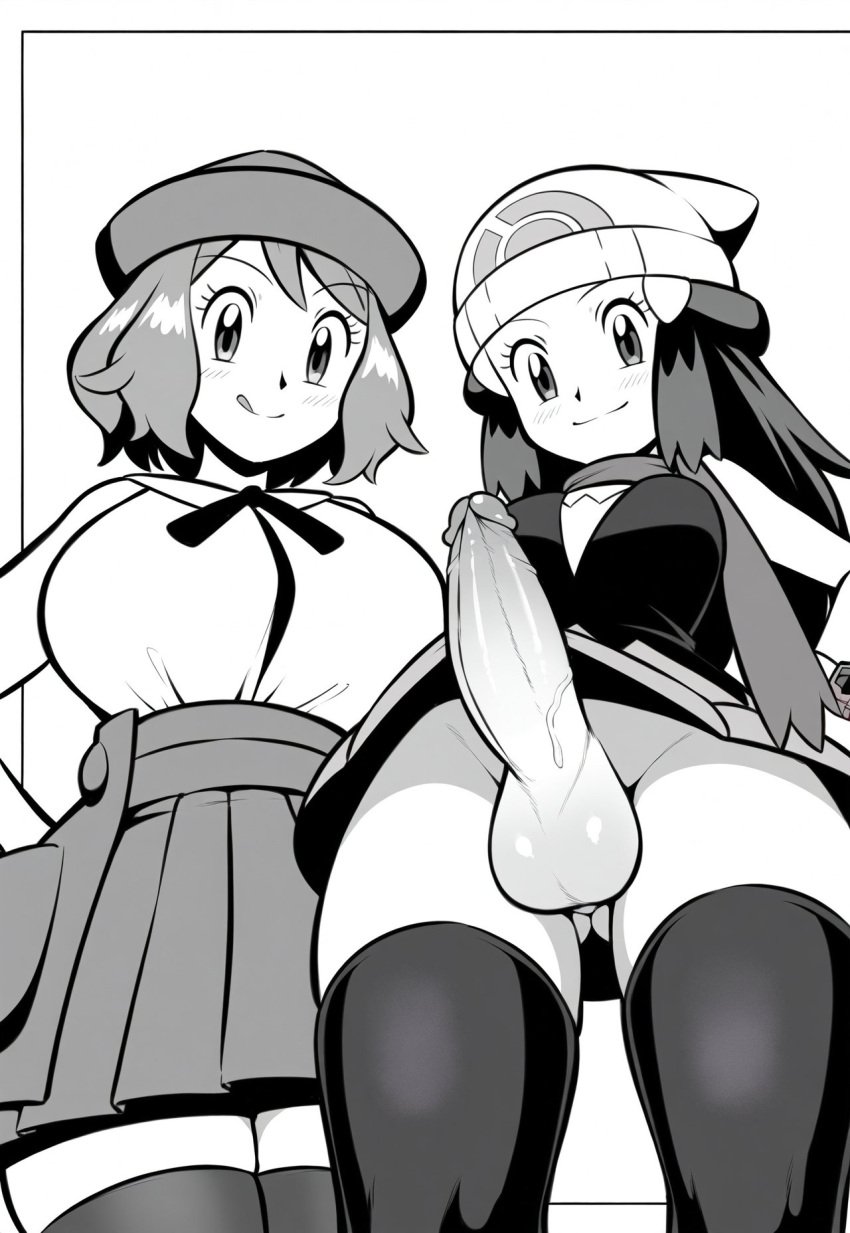 1futa 1girls ai_generated dawn_(pokemon) futanari huge_ass huge_breasts huge_cock pokemon serena_(pokemon) smiling tagme thedawn_hikari thick_thighs