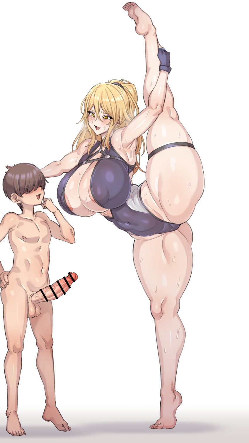 1boy abarano age_difference areola_slip armpits arms_up bar_censor bare_legs black_choker black_gloves blonde_hair blue_one-piece_swimsuit blush breasts censored choker cleavage clothed_female_nude_male covered_navel covered_nipples faceless faceless_male female fingerless_gloves flexible gloves hair_between_eyes high_ponytail highleg highleg_one-piece_swimsuit highres holding_leg huge_breasts indomitable_marie kneepits large_penis last_origin leg_hold leg_lift leg_up long_hair nude one-piece_swimsuit onee-shota open_mouth penis short_hair simple_background smile split standing standing_on_one_leg standing_split straight sweat swimsuit testicles thigh_strap veins veiny_penis white_background yellow_eyes