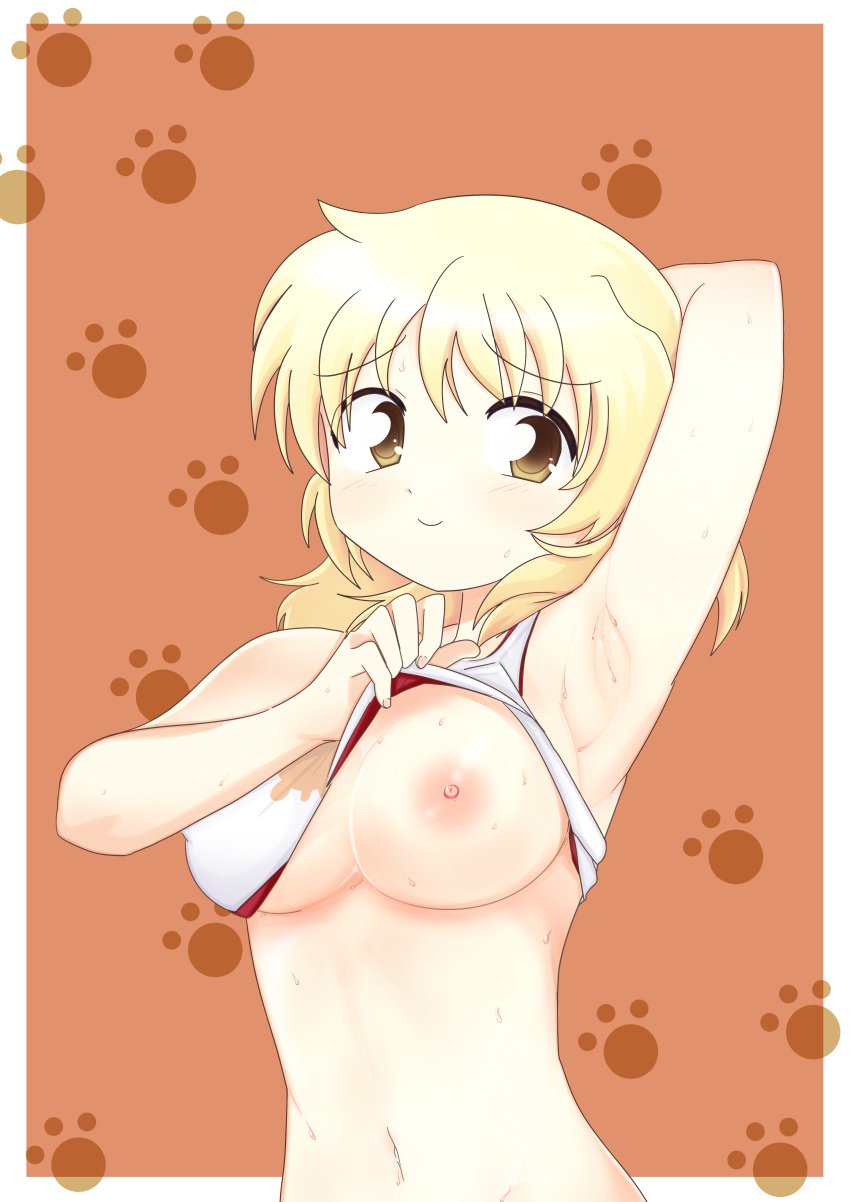 arm_behind_head arm_up armpits blonde_hair blush breasts brown_eyes dard_drak female hidamari_sketch lifted_by_self long_hair looking_at_viewer miyako nipples one_breast_out smile solo sports_bra sweat