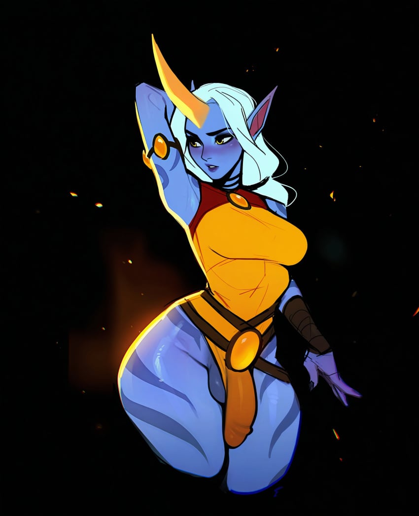 1futa 2d ai_generated arm_up armpit black_background blue_body blue_skin blush blush body_markings breasts bulge clothed detailed_bulge fakeshit futa_only futanari futanari gem league_of_legends loincloth looking_to_the_side markings penis penis_outline riot_games simple_background solo soraka standing testicles yellow_eyes