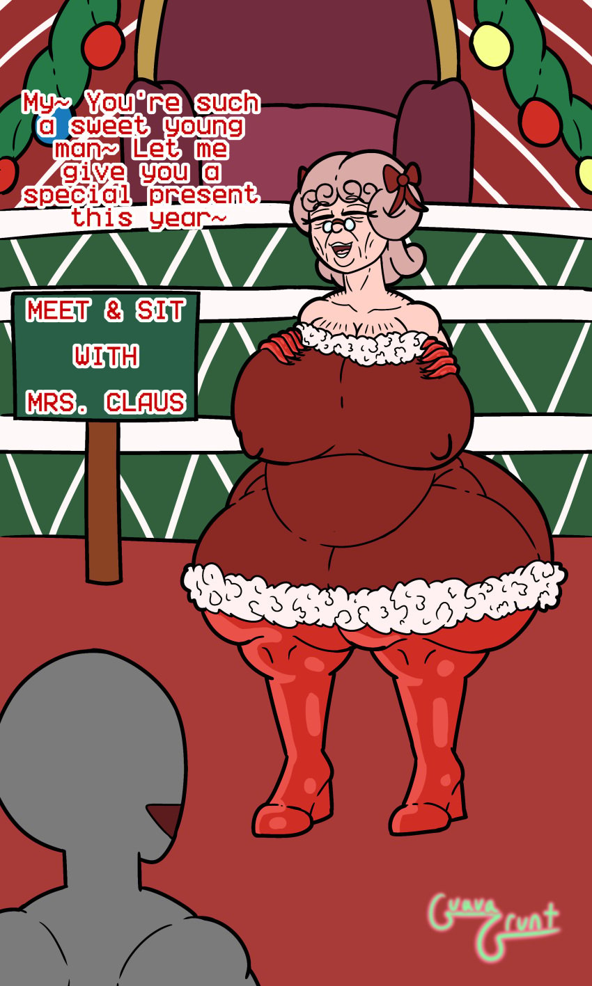 1boy 1boy1girl 1girls 2d_(artwork) anon anonymous_male before_sex belly big_ass big_breasts bow christmas christmas_clothing christmas_decorations christmas_outfit chubby chubby_female closed_eyes commission dialogue dress english_text female female_focus gilf glass granny guavagrunt hands_on_breasts holidays huge_ass huge_breasts indoors latex latex_boots latex_gloves male mall mature mature_female mrs._claus nipple_bulge nipples nipples_visible_through_clothing older_female original original_character red_dress red_outfit sagging_breasts sign smile speech stairs standing text thick_thighs thighs throne