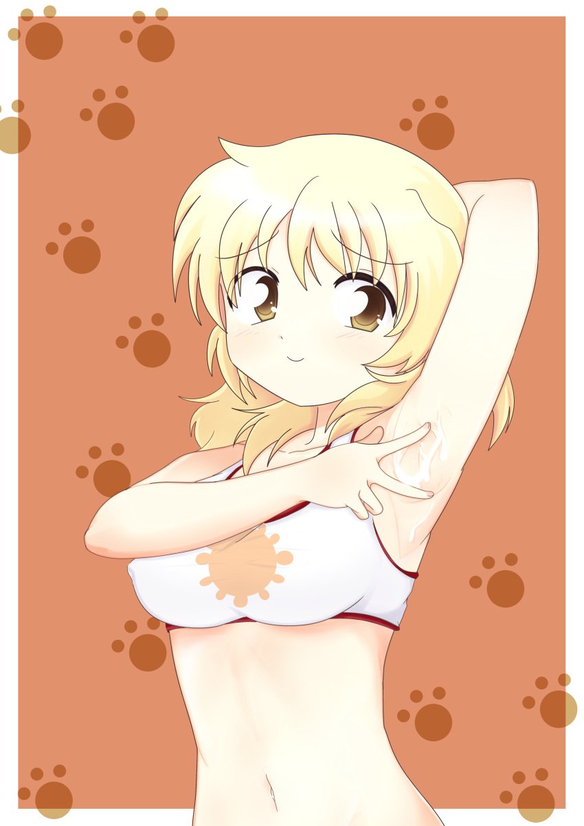 arm_behind_head arm_up armpits arms_up blonde_hair blush brown_eyes cum cum_on_armpit cum_on_body cum_on_upper_body dard_drak female hidamari_sketch long_hair looking_at_viewer miyako sexy_armpits smile solo sports_bra spread_armpit sweat