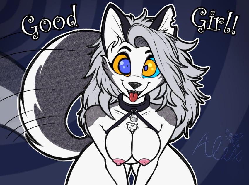 alexander717_(artist) anthro breast_squish breasts collar crouching dog_tags female good_girl hair harness helluva_boss hi_res high-angle_view hypnosis jewelry kaa_eyes long_hair loona_(helluva_boss) mind_control necklace pointy_ears prick_ears sketch smile smiling_at_viewer solo spread_legs spreading squish tongue tongue_out