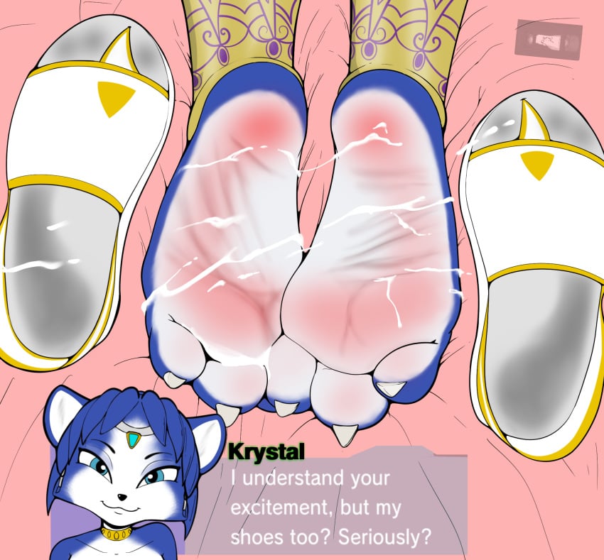 2024 3_toes anthro blue_hair bodily_fluids canid canine clothing countershade_feet countershading cum cum_on_feet digital_media_(artwork) dummycervine english_text feet female foot_fetish foot_focus footwear fox genital_fluids hair hi_res humanoid_feet krystal krystal_(star_fox) looking_at_viewer mammal nintendo plantigrade soles solo star_fox text toes