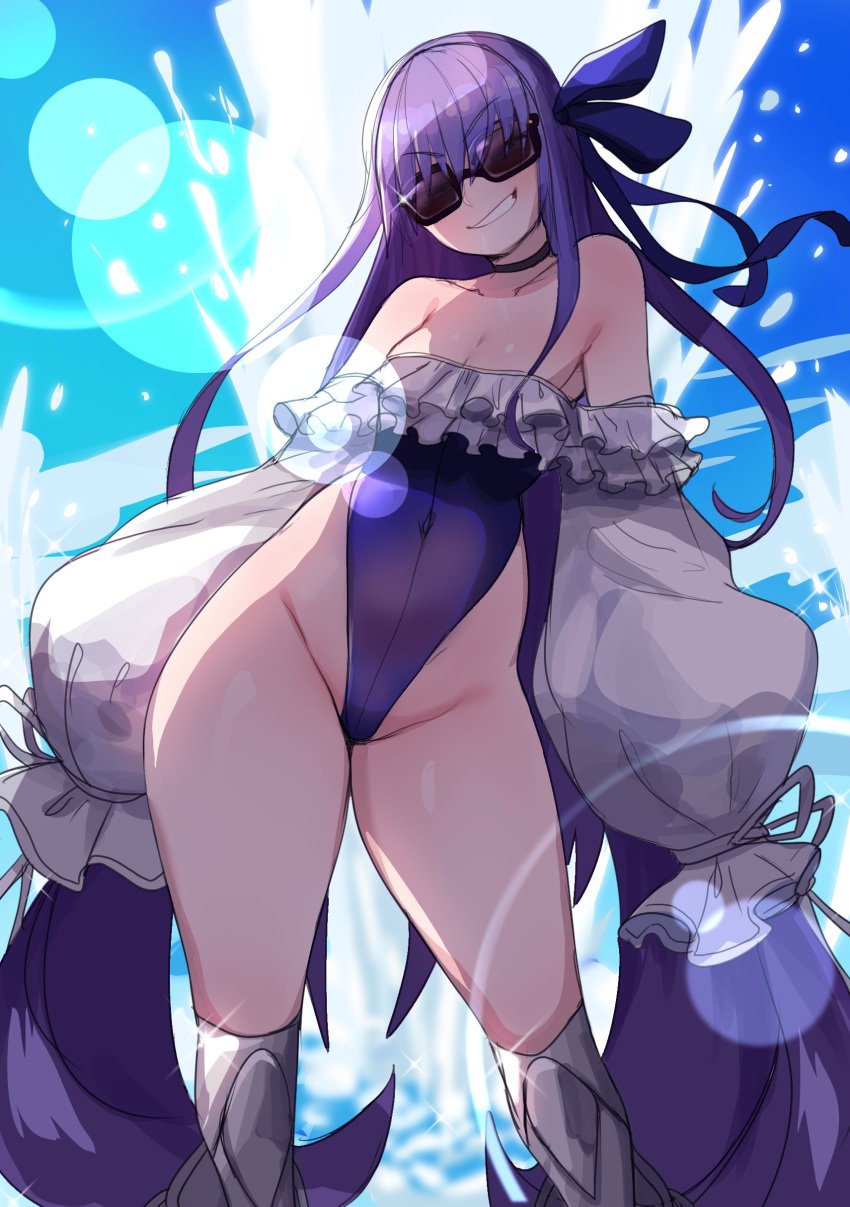 1girls 2022 breasts detached_sleeves fate/extra_ccc fate/grand_order fate_(series) female female_only flat_chest highleg_swimsuit hips lightsource long_hair meltryllis meltryllis_(swimsuit_lancer)_(fate) one-piece_swimsuit prosthetic_leg prosthetic_limb puffy_sleeves purple-tinted_eyewear purple_hair slim_waist small_breasts smile smug smug_face sunglasses swimsuit thick_thighs thighs tinted_eyewear wide_hips