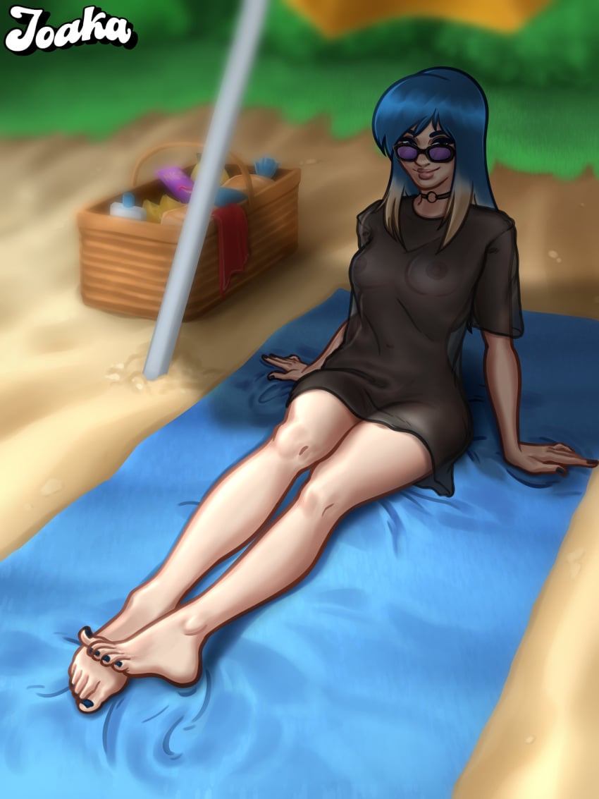 1girls 2024 2d 2d_(artwork) alternate_version_available areolae beach beach_towel beach_umbrella blue_hair breasts cleavage digital_drawing_(artwork) digital_media_(artwork) eve_(summertime_saga) female female_focus female_only glasses joakadraws light-skinned_female light_skin looking_at_viewer medium_breasts nipples nude nude_female pale-skinned_female pale_skin petite petite_body petite_female presenting presenting_breasts scar see-through see-through_clothing showing_off sitting small_breasts smile smiling solo solo_focus summertime_saga sunglasses teenage_girl teenager two_tone_hair watermark