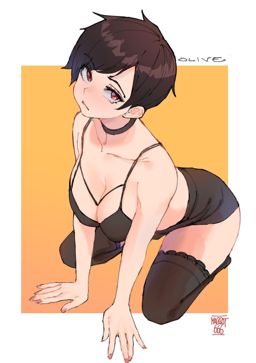 blush busty cleavage lingerie miniskirt norman_maggot olive_laurentia original pouting short_hair thighhighs very_short_hair