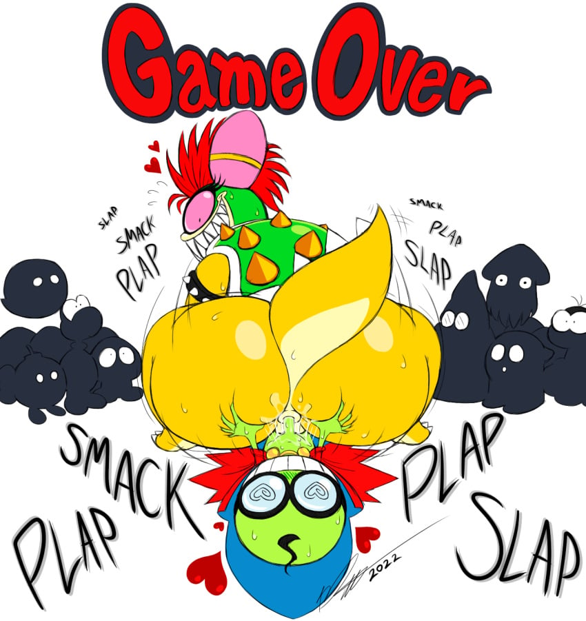 anal anthro anus ass beanish blooper bob-omb boo_(mario) bowletta bracelet fawful female game_over gameplay_mechanics goomba green_body group hand_on_butt heart_symbol hi_res jewelry koopa lakitu looking_back magikoopa male male/female mario_(series) mario_and_luigi_(series) nintendo pink_sclera scalie shell shyguy sound_effects spiked_bracelet spiked_shell spikes spikes_(anatomy) superstar_saga text timoteihiv