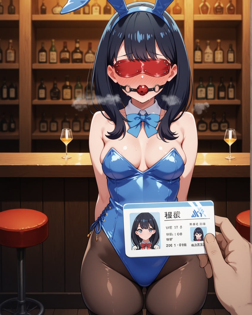 1girls ai_generated alcohol ball_gag bangs bar bare_shoulders black_hair blindfold blue_eyes blush bow breasts bunny_ears bunny_girl bunnysuit cleavage detached_collar fake_animal_ears female hair_between_eyes hands_behind_back heavy_breathing heroine_in_trouble id_card leotard long_hair male_pov medium_breasts notreallyhere pantyhose playboy_bunny pov restrained saliva side-tie_leotard ssss.gridman standing student_id takarada_rikka thigh_gap thighs