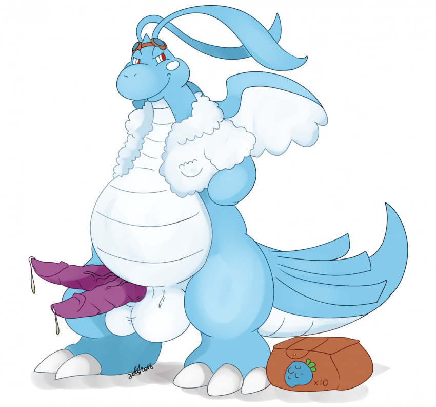 2019 altaria anthro blue_scales diphallia diphallism dragonite furry fusion hemipenes male multi_penis nelsonnoir nintendo penis pokemon pokemon_(species) pokemon_rgby pokemon_rse purple_penis red_eyes scalie solo tail veiny_penis wings