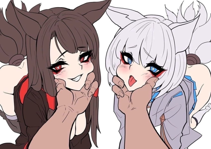 1boy 2girls akagi_(azur_lane) anal_tail animal_ears azur_lane black_hair black_legwear blue_eyes blush breasts fox_ears fox_girl fox_tail grabbing_another's_chin heart heart-shaped_pupils jun-char kaga_(azur_lane) large_breasts long_hair makeup mascara multiple_girls multiple_tails no_panties open_mouth red_eyes short_hair smile symbol-shaped_pupils tail teeth tongue tongue_out white_hair white_legwear