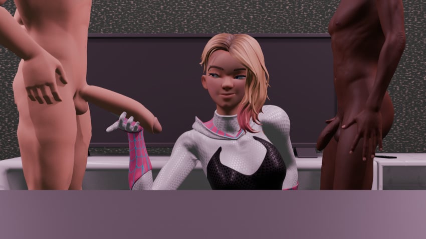 1girls 2boys 3d 3d_(artwork) black_cuck blender blender_(artwork) blender_(software) blonde_female blonde_hair blue_eyes cuckold cuckolding dark-skinned_male dont_bully_(artist) gwen_stacy gwen_stacy_(spider-verse) large_penis light-skinned_female light-skinned_male marvel marvel_comics miles_morales miles_morales_(spider-verse) peter_parker racism size_comparison size_queen small_penis small_penis_humiliation spider-man spider-man_(series)