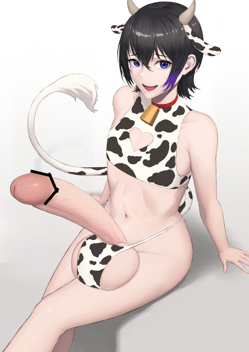 1boy balls balls_under_clothes censored clothed clothing cow_boy cow_ears cow_print cow_tail cowbell embarrassed erection femboy g-string girly horns huge_balls huge_cock huge_testicles humanoid humanoid_penis hung_trap kemonomimi light-skinned_male light_skin male male_only misago_(artist) mostly_nude penis penis_out purple_eyes sitting skinny solo thong twink