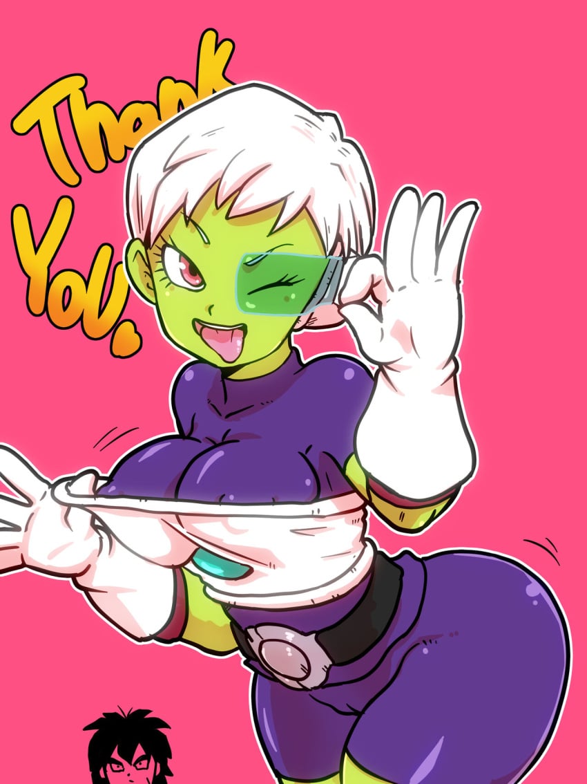 breast_squeeze broly broly_(dragon_ball_super) cameltoe cheelai dragon_ball_super green_body green_skin peace_sign red_eyes rickert_kai scanner scouter tagme thank_you thank_you_message thick_thighs tinted_eyewear tongue tongue_out voluptuous voluptuous_female white_hair