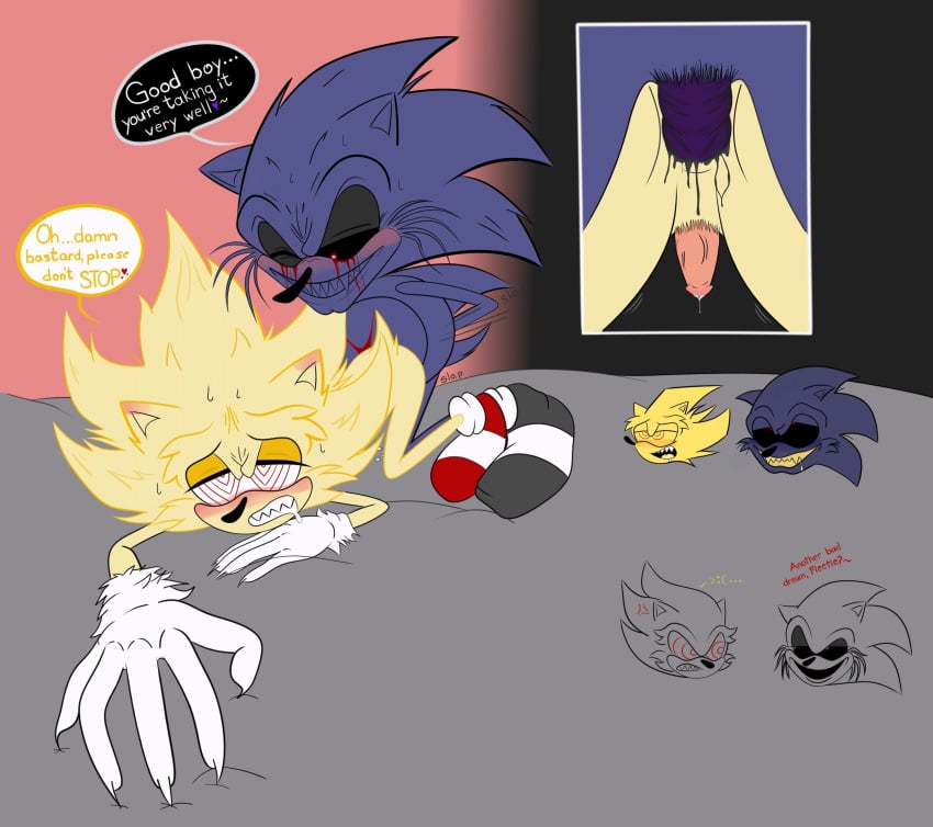 2boys anal_sex black_sclera blush demon fleetway_comics fleetway_super_sonic gay_male genital_fluids half-closed_eyes hedgehog lord_x non-human non-human_only sharp_teeth sonic.exe sonic.exe_(series) toony