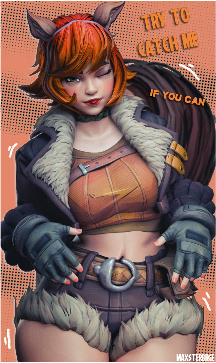 3d 3d_(artwork) animal_ears chubby jacket looking_at_viewer marvel marvel_comics marvel_rivals maxsterbrge mocking nekomimi squirrel_girl_(marvel) squirrel_girl_(marvel_rivals) tail text watermark