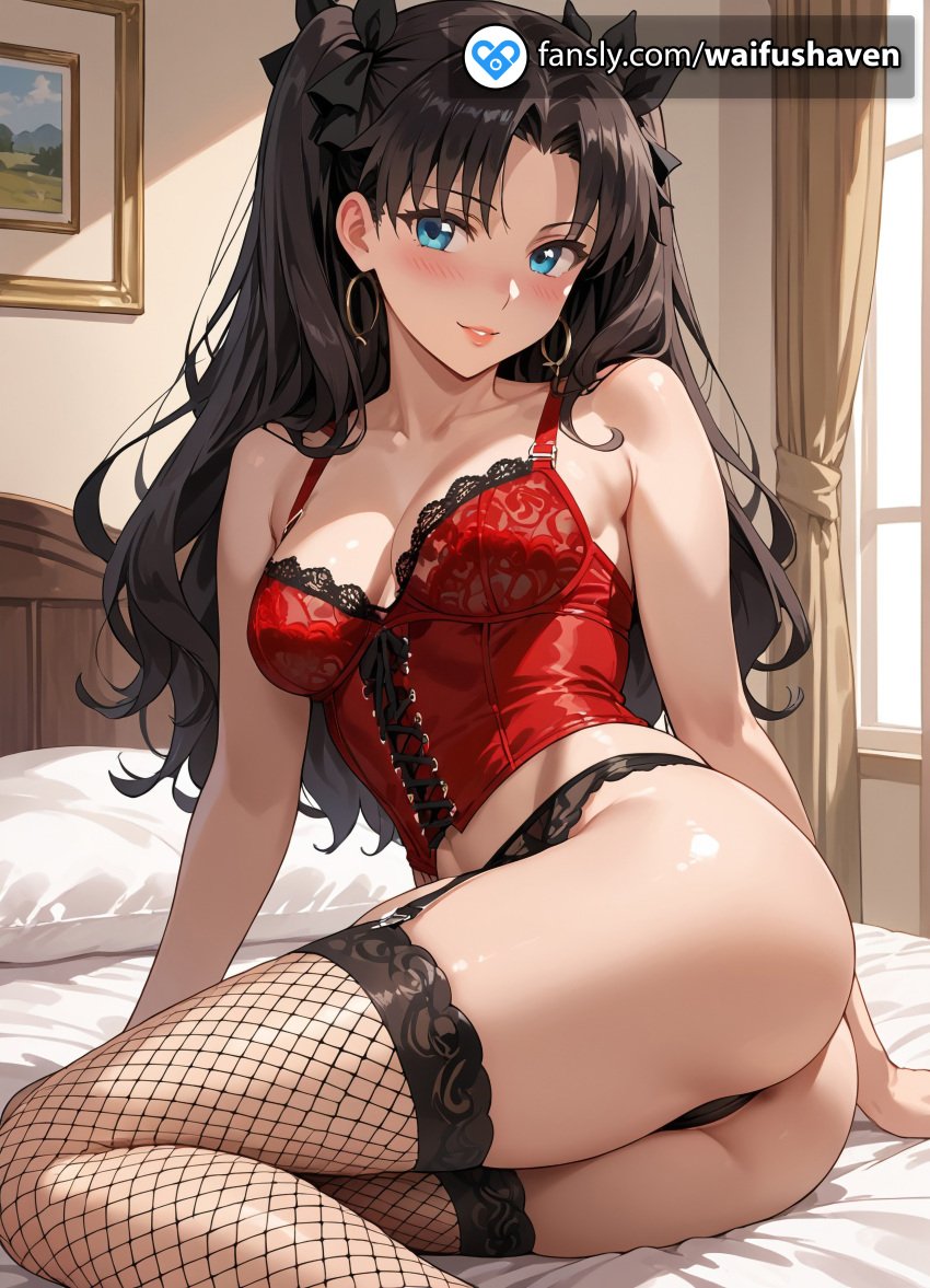 ai_generated ass ass_focus b_cup bb_cup black_hair blue_eyes breasts c_cup cc_cup corset female legs long_hair panties petite petite_body pigtail rin rin_toksaka skinny skiny solo stockings thin thin_body tohsaka twintails type-moon type_moon typemoon viewer_pov young