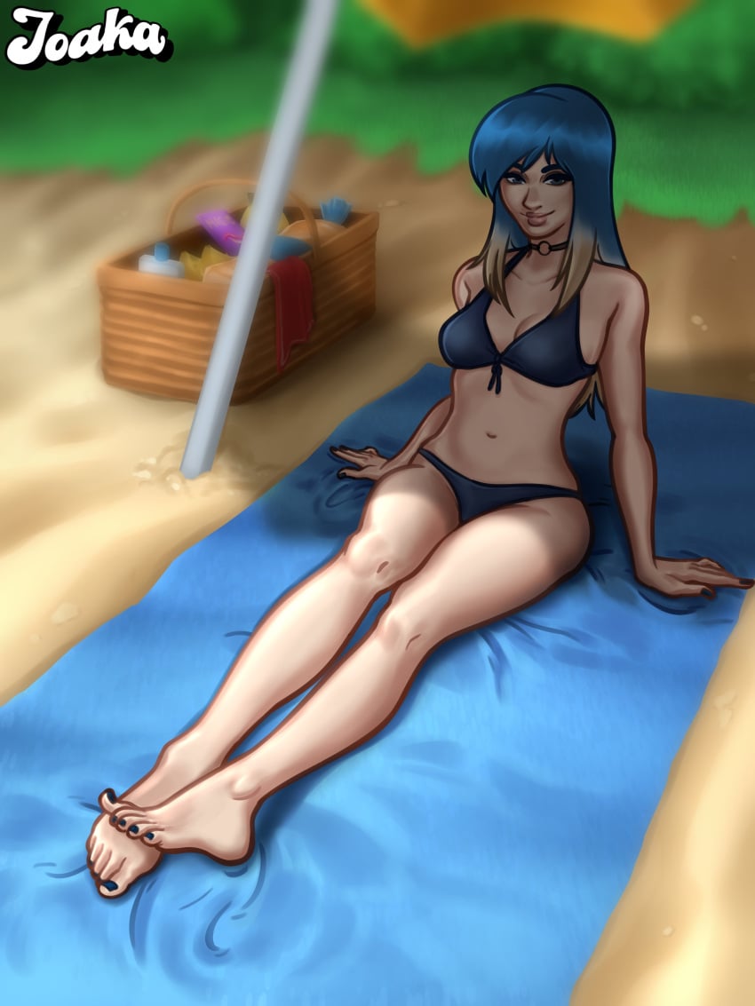 1girls 2024 2d 2d_(artwork) alternate_version_available beach beach_towel beach_umbrella bikini bikini_bottom bikini_top blue_hair bra cleavage digital_drawing_(artwork) digital_media_(artwork) eve_(summertime_saga) female female_focus female_only joakadraws light-skinned_female light_skin looking_at_viewer medium_breasts pale-skinned_female pale_skin panties petite petite_body petite_female sitting small_breasts smile smiling solo solo_focus summertime_saga teenage_girl teenager two_tone_hair underwear watermark