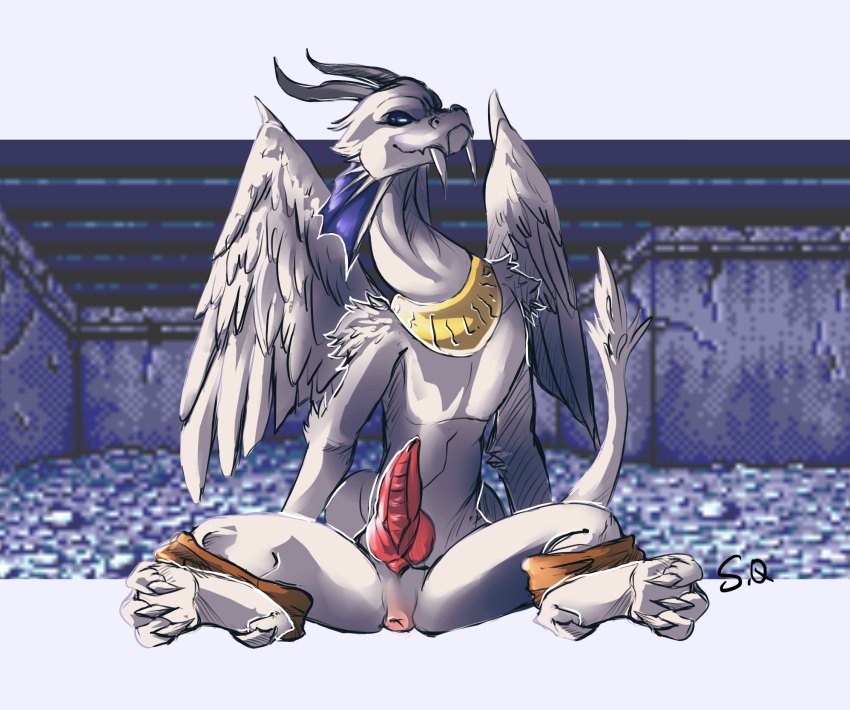 anthro anus bleu_(shining_force) dragon feathered_wings feathers fur furred_dragon genitals hi_res horn jewelry looking_at_viewer male penis photo_background reptile sapphire_kirin scalie sega shining_force sitting solo solo_focus toe_curl wings