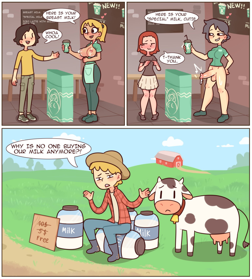 1futa 2boys 2girls areolae balls big_breasts big_penis black_hair blonde_hair blush bottomless bovine breasts brown_hair casual clothed clothing comic cum cum_in_container dialogue digital_media_(artwork) english_text erect_penis erection farm female fully_clothed funny futanari hat hi_res human humor i_mean_breast_milk iced_latte_with_breast_milk iced_latte_with_dick_milk lactation large_breasts light-skinned_female light-skinned_futanari light_skin male meme mostly_clothed nipples outdoors outerwear pale_skin panels partially_clothed penis precum presenting public red7cat short_hair skirt speech_bubble standing starbucks text