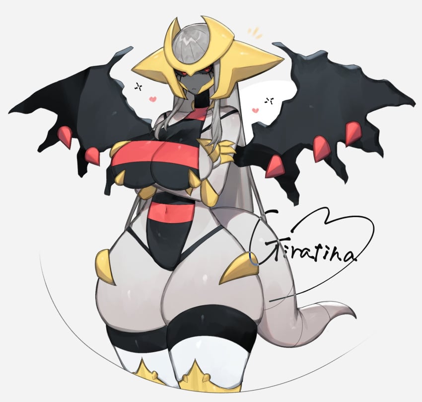 1girls anthro arms_under_breasts big_breasts black_sclera female female_only generation_4_pokemon giratina grey_hair hi_res legendary_pokemon legwear long_hair looking_at_viewer nintendo pokemon pokemon_(species) red_eyes solo tail thick_thighs toge77789 togetoge unamused white_background white_legwear wide_hips wings