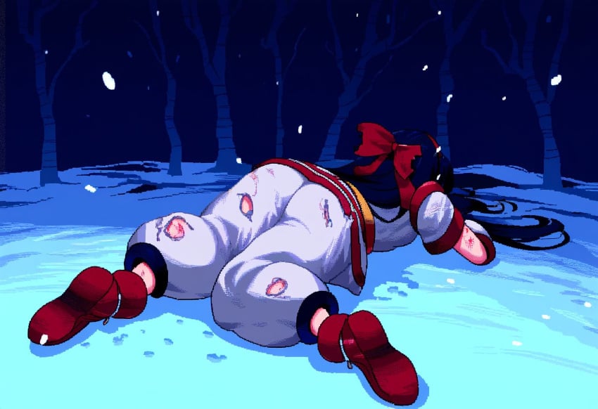 1girls ainu_clothes ass big_ass blue_hair breasts defeat defeated defeated_heroine fat_ass female female_only hair_ribbon highres huge_ass injury king_of_fighters legs long_hair lying nakoruru on_stomach pants pixel_art ribbon samurai_shodown sideboob small_breasts snk snow snowing solo source_request thighs torn_clothes torn_pants unconscious