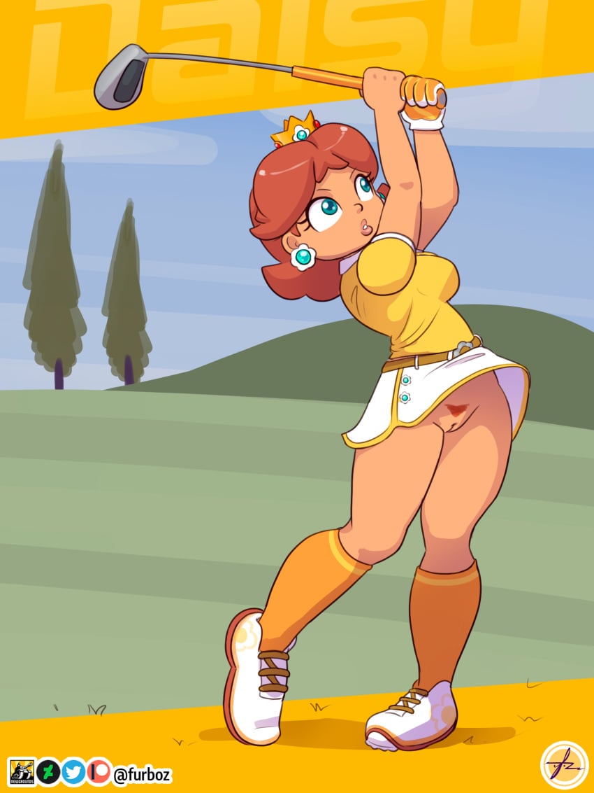 brown_hair furboz going_commando golf mario_(series) mario_golf nintendo no_panties no_underwear outdoors princess_daisy pubic_hair pussy skirt tan_skin vulva yellow_shirt