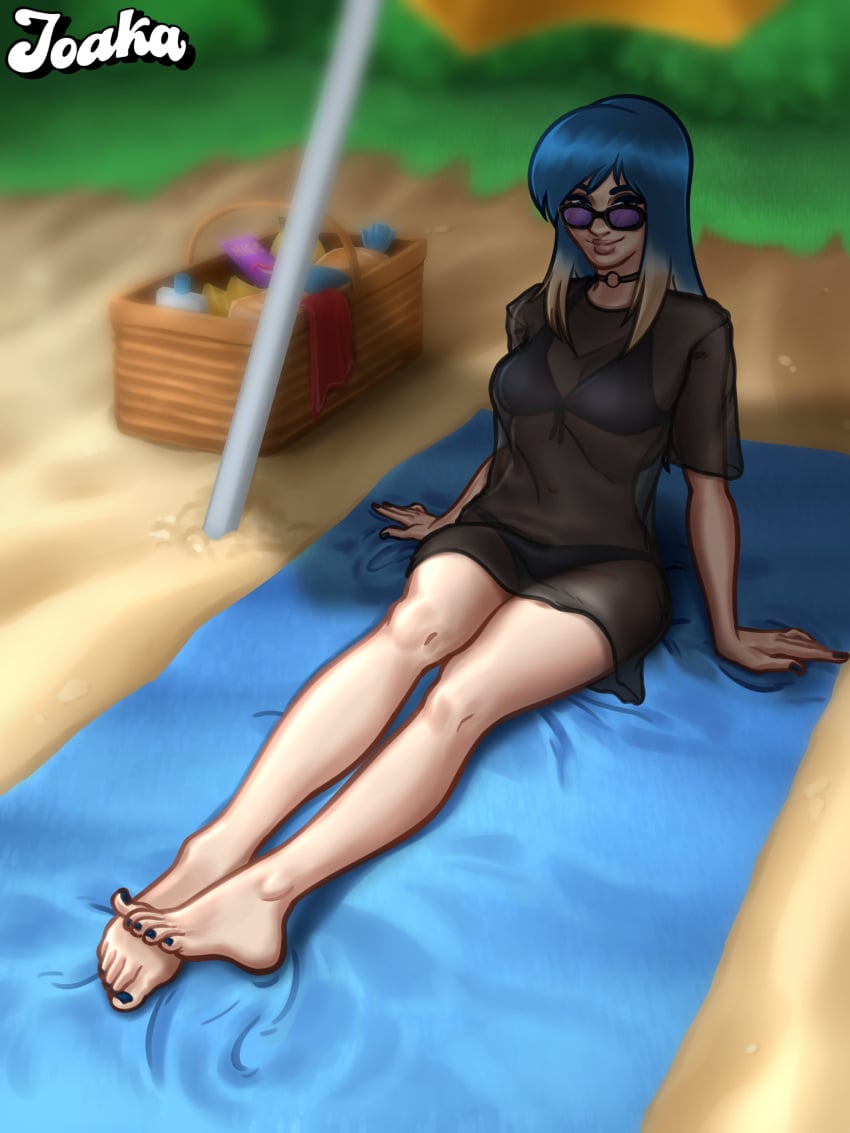 1girls 2024 2d 2d_(artwork) alternate_version_available beach beach_towel beach_umbrella bikini bikini_bottom bikini_top blue_hair bra cleavage digital_drawing_(artwork) digital_media_(artwork) eve_(summertime_saga) female female_focus female_only glasses joakadraws light-skinned_female light_skin looking_at_viewer looking_over_eyewear looking_over_sunglasses medium_breasts pale-skinned_female pale_skin panties petite petite_body petite_female see-through see-through_clothing sitting small_breasts smile smiling solo solo_focus summertime_saga sunglasses teenage_girl teenager tinted_eyewear two_tone_hair underwear watermark