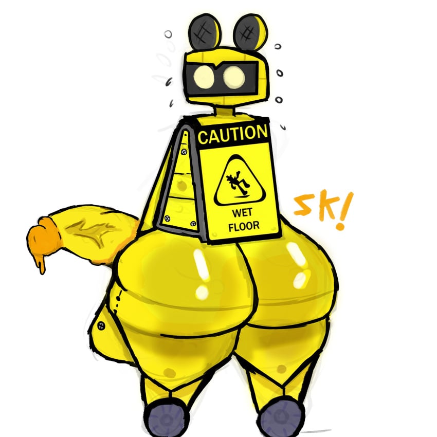 artist_logo ass ass_focus big_butt big_cock big_eyes big_genitalia big_penis el_sick fat_ass five_nights_at_freddy's five_nights_at_freddy's:_security_breach fnaf looking_at_viewer looking_back male male_only robot robotic_legs shiny_ass veiny_penis wet_floor_bot_(fnaf) wet_floor_sign yellow_body yellow_eyes