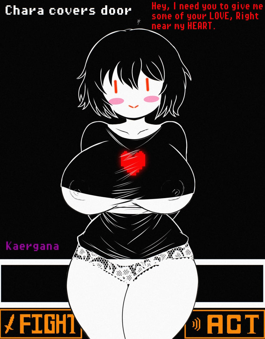 1girls big_breasts big_nipples black_hair breasts button chara chara_(undertale) clothed clothed_female dialogue evil_smile female female_chara female_focus game_background heart heart_symbol hi_res kaerganader nipples nipples_visible_through_clothing no_sex red_eyes red_text rosy_cheeks solo solo_female text thick_thighs thighs undertale undertale_(series) white_skin white_text