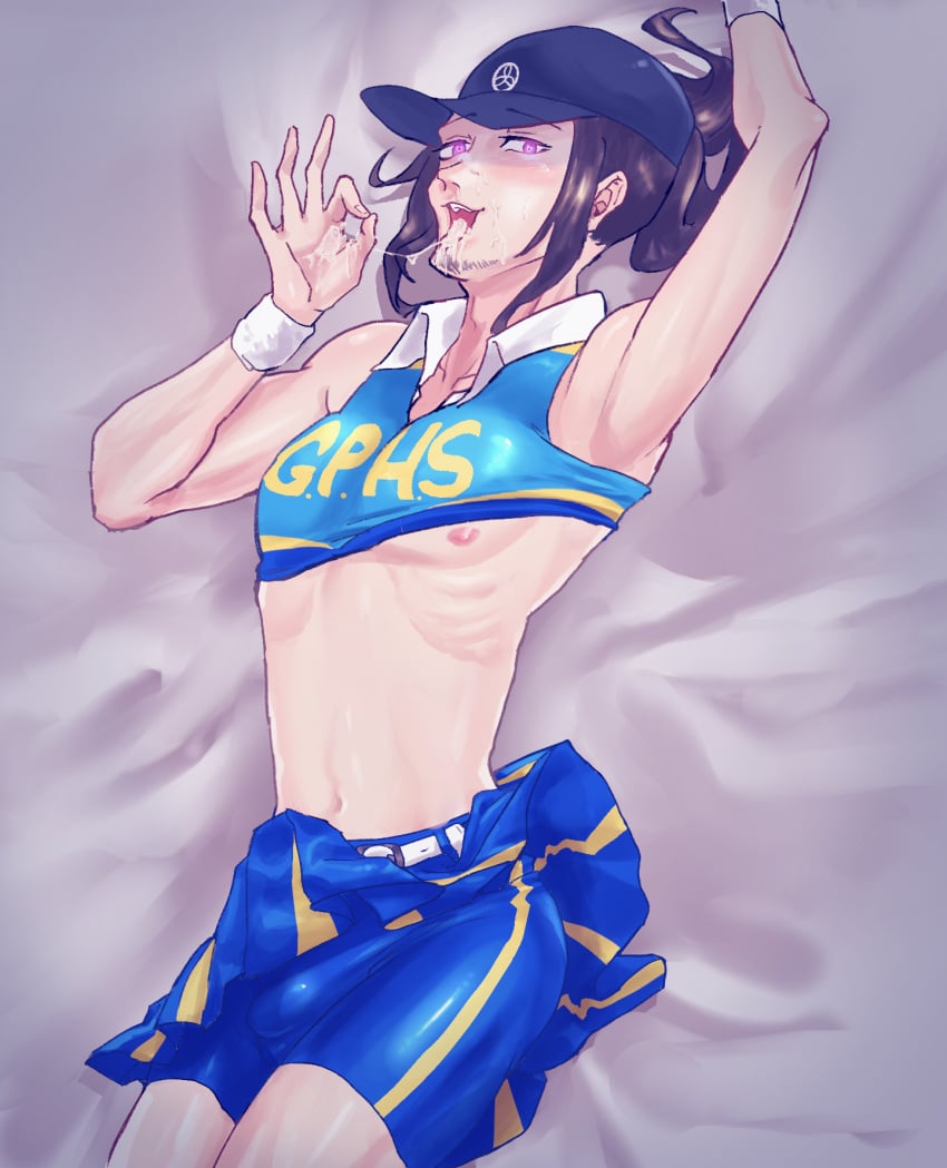 baseball_cap cap cheerleader cheerleader_outfit cheerleader_uniform crossdressing cum cum_in_mouth gay heart_eyes iori_junpei junpei_iori male_only manly_crossdresser p3 persona_3 persona_3_reload shorts solo_male ぺんね