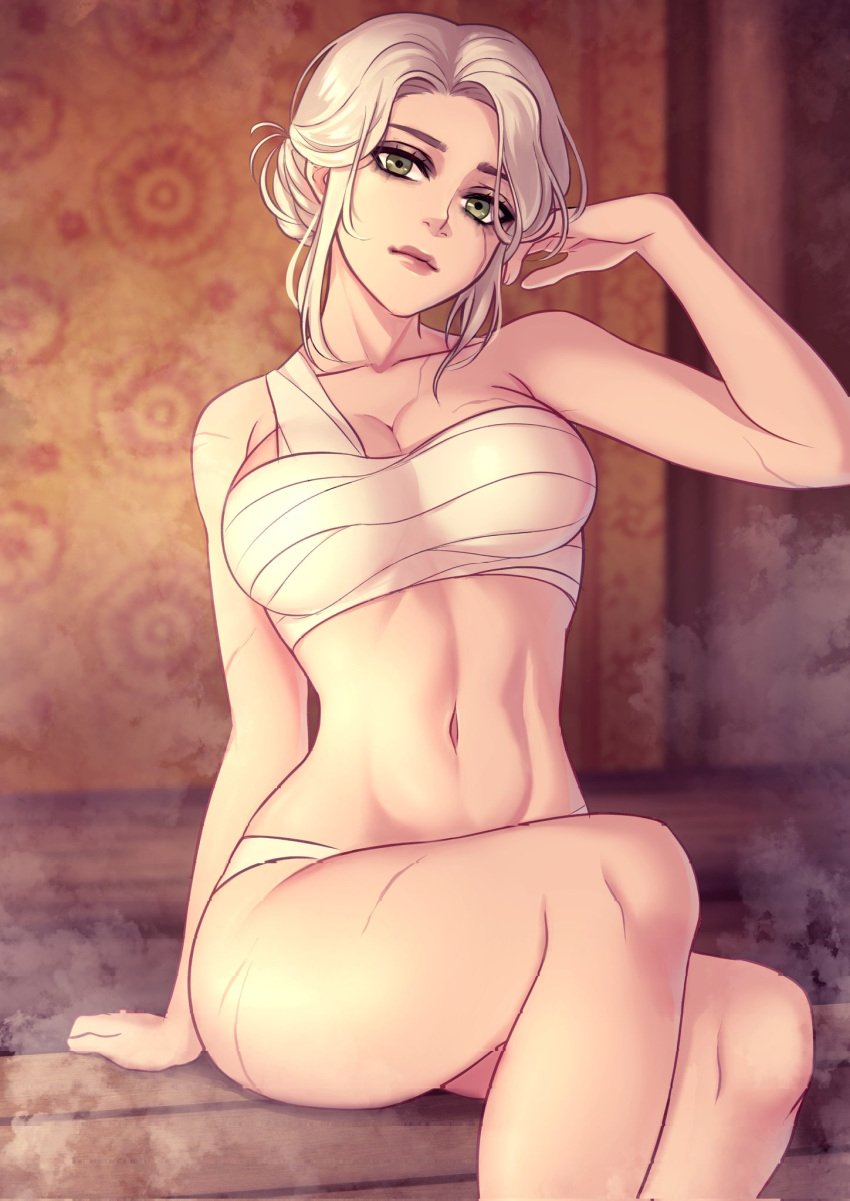 bandages bandeau bare_arms bare_shoulders breasts cd_projekt_red chest_sarashi ciri cleavage collarbone commentary feet_out_of_frame female grey_eyes hand_up head_tilt highres indoors jellypon large_breasts midriff navel panties purple_lips sarashi scar scar_on_arm scar_on_leg short_hair sidelocks sitting solo steam stomach the_witcher_(series) the_witcher_3 the_witcher_3:_wild_hunt underwear white_hair white_panties