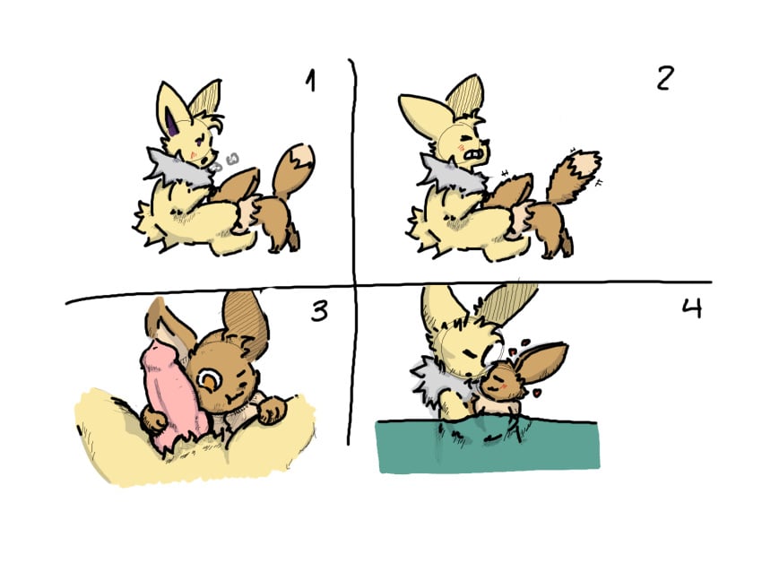 diego8658 duo eevee eeveelution erection feral fur generation_1_pokemon genitals hi_res jolteon male male/male nintendo penis pokemon pokemon_(species) sex simple_background sketch sketch_page sucking tail yellow_body yellow_fur