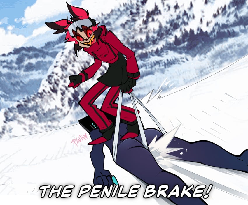 2boys alastor_(hazbin_hotel) ass clothed edit hazbin_hotel male male_only meme pinksartdump snowboard snowboarding vox_(hazbin_hotel) wedgie