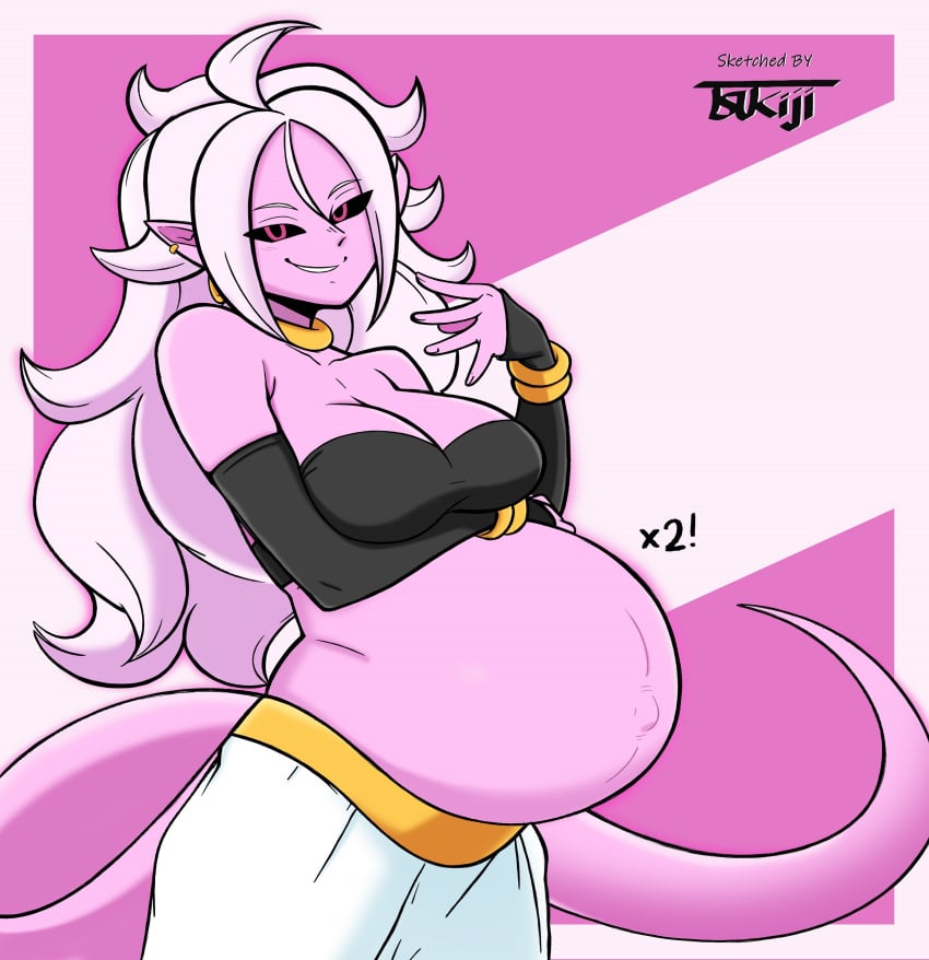 1girls alternate_version_at_source arm_under_breasts black_sclera breasts color_edit dragon_ball female gold_jewelry hand_on_belly hyper_belly large_breasts majin majin_android_21 pink-skinned_female pink_skin popped_navel pregnant ready_to_pop red_eyes tail tsukiji white_hair wickedatlas