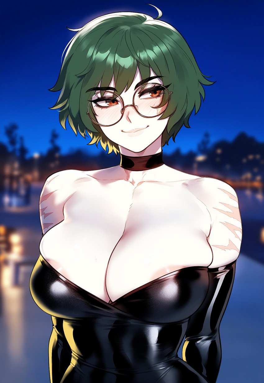 ai_generated breasts brown_eyes curvy dark-skinned_male dark_skin female glasses green_hair huge_breasts indoors interracial jujutsu_kaisen juuicyai light-skinned_female light_skin male massive_ass massive_breasts narrow_waist thick_thighs wide_hips zenin_maki